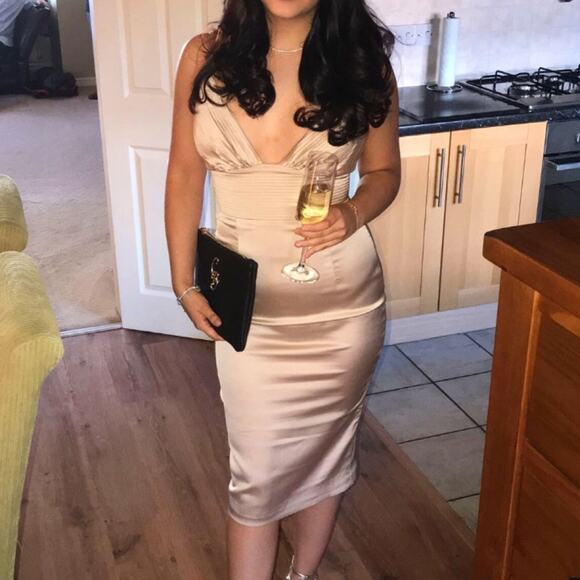 HOUSE OF CB Ronel Nude Tan Beige Champagne Gold Silky Satin Pin Tuck MIDI Dress - Picture 11 of 14